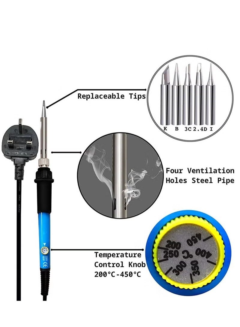 Soldering Iron Kit 60W Adjustable Temperature Welding Tool, Digital Multimeter, 2pcs Soldering Iron Tips, Desoldering Pump, Wire Stripper, Tweezers, Iron Stand, 2pcs Electronic Wire - Image 3
