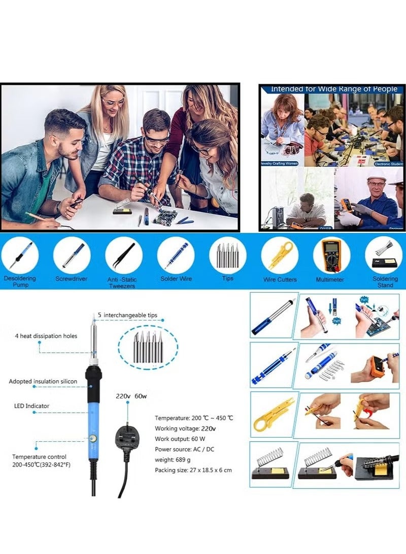 Soldering Iron Kit 60W Adjustable Temperature Welding Tool, Digital Multimeter, 2pcs Soldering Iron Tips, Desoldering Pump, Wire Stripper, Tweezers, Iron Stand, 2pcs Electronic Wire - Image 4