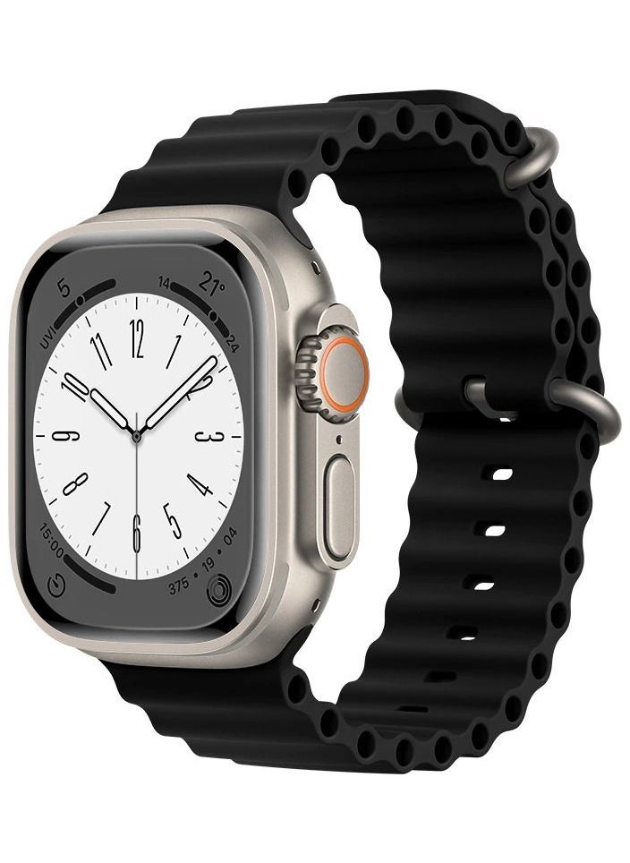 Generic - Silicone Hole Wavy Strap Compatible with Apple watch series 8 /7/6/5/4/3/2/1 Ultra Sizes 42/44/45/49 Black - Image 1