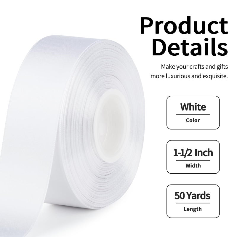 Mauproy 1-1/2 Inch Wide White Satin Ribbon, 50 Yards Solid Polyester Fabric Ribbon for Roses Making, Gift Wrapping, Easter, Flower Bouquets, Wedding Decorations, Handmade Crafts - Image 2