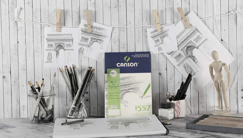CANSON 1557 180gsm A4 White Drawing Paper Pad, Light Grain, Glued Short Side, 30 Extra White Sheets, Ideal for Professional Artists & Students - Image 2