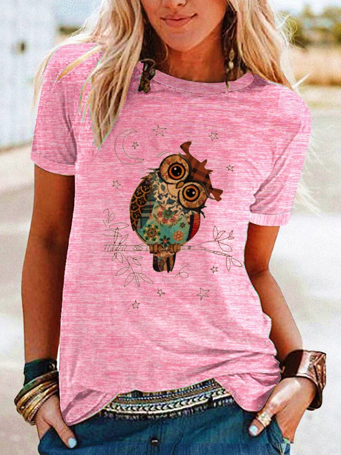 Wish Fun Owl Pattern Printed Contrast Short Sleeve T-Shirt For Women - Image 1