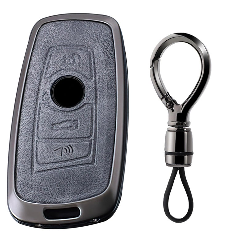 SANRILY Gray Metal Leather Key Fob Cover Fit for BMW X3 M2 F Series 235ix 320 E90 E92 E93 X5 F10 F20 F30 F40 1 2 3 4 5 7 series 2017 M4 Accessories Keyless Key Holder with Keychain C