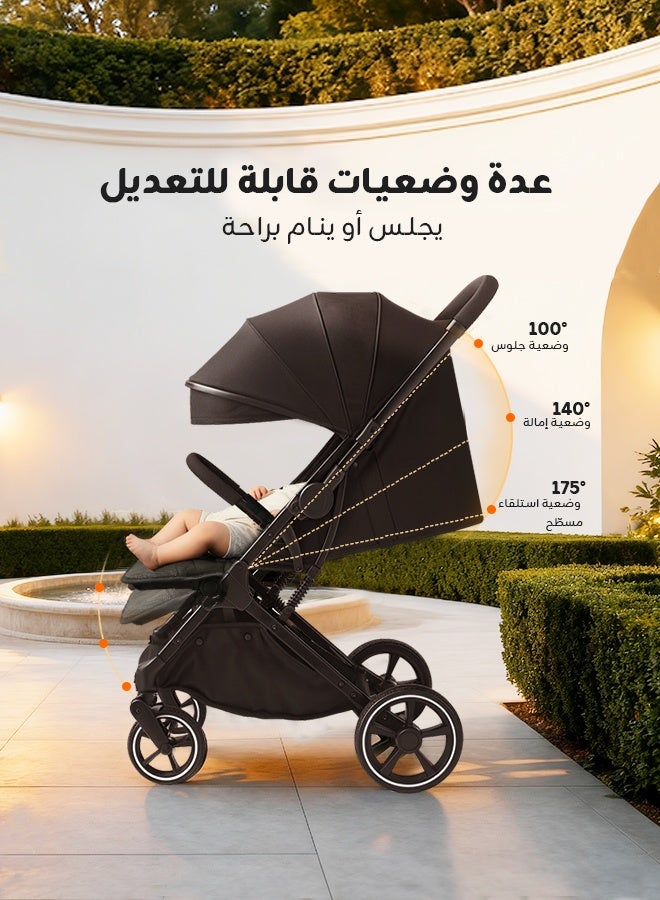 أوميني عربة أطفال قابلة للطي بمقبض قابل للعكس، اتجاه نحو الأم أو للأمام، مقعد استلقاء 175°، مظلة كبيرة، عجلات مطاطية ماصة للصدمات، من 0 إلى 36 شهرًا - Image 3