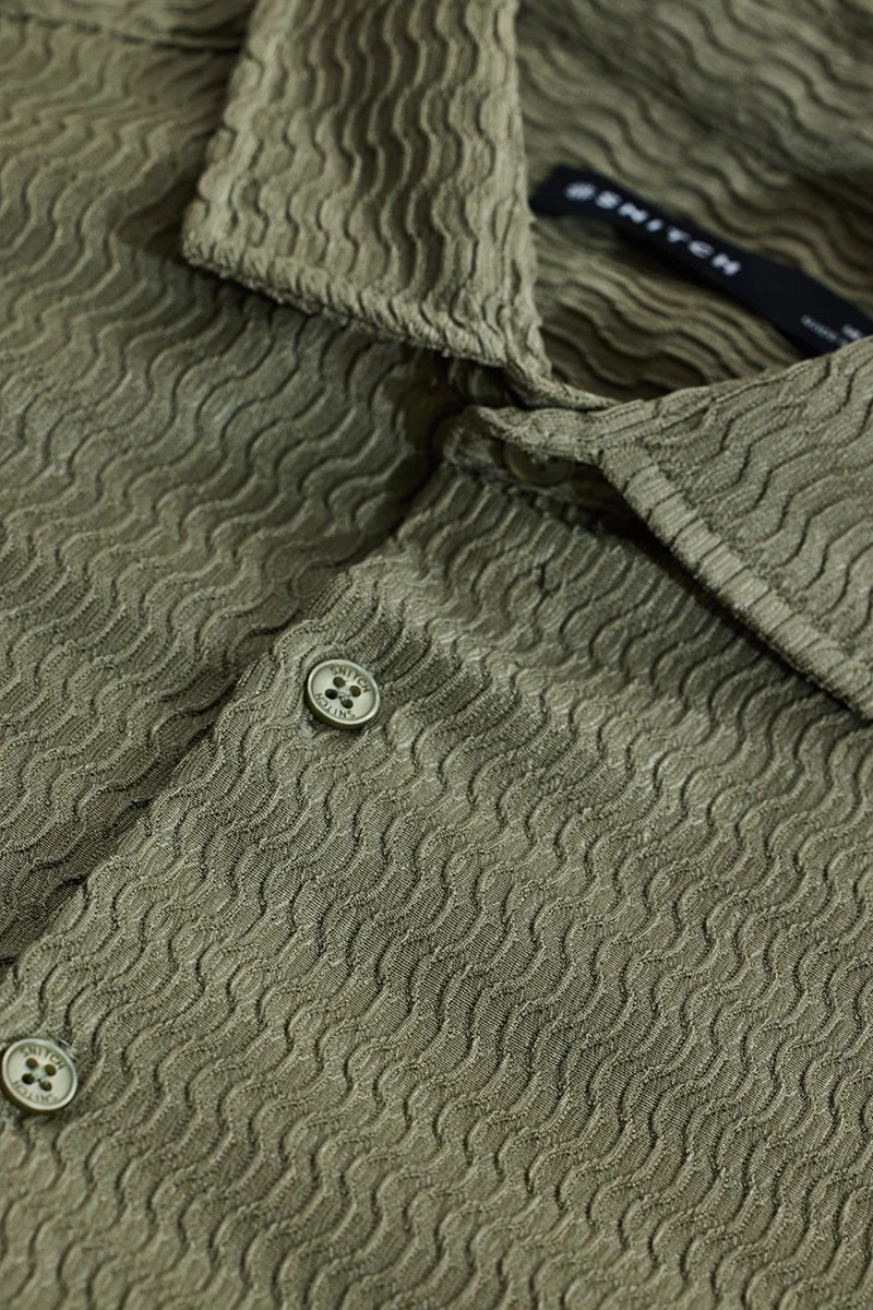 SNITCH Rich Olive Green Textured Long Sleeve Slim Fit Shirt