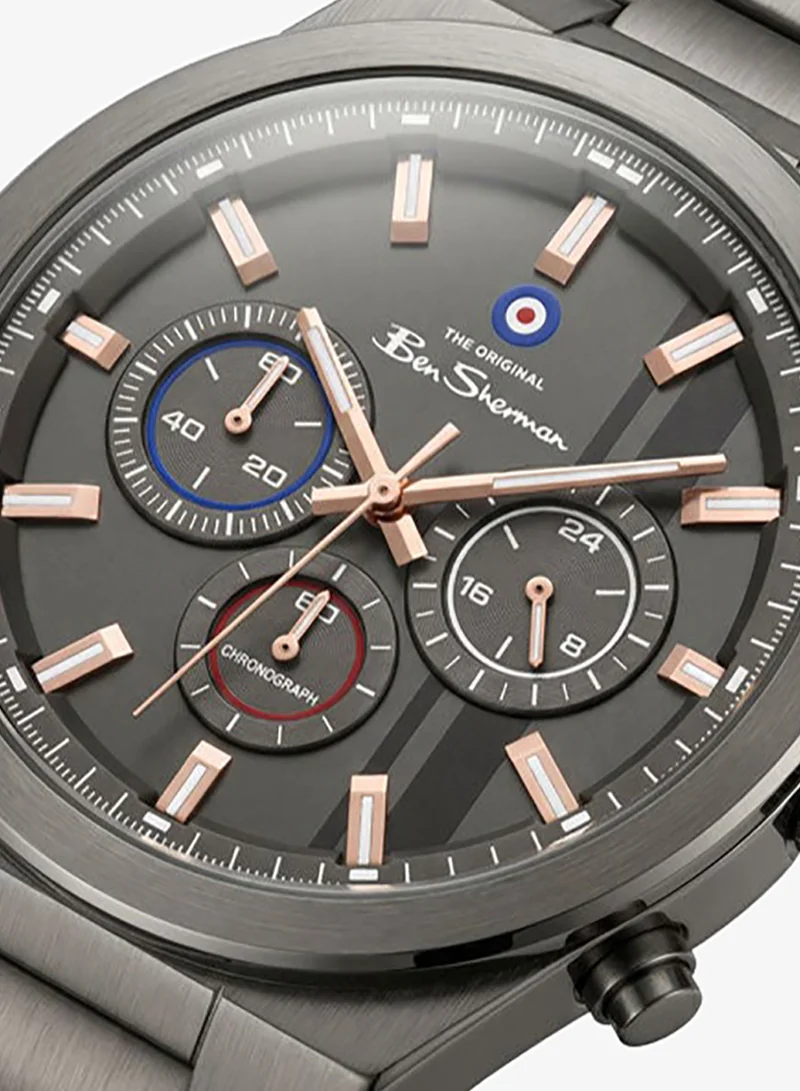 Ben Sherman Canterbury Gunmetal Dial Gunmetal Stainless Steel Bracelet Chronograph Watch for Men, 44mm