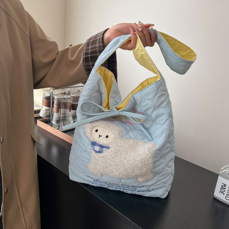 2024 Cute Cartoon Embroidery Pattern Contrast Shoulder Bag Korean Style Large Capacity Tote Bag Student Class Bag - Image 2