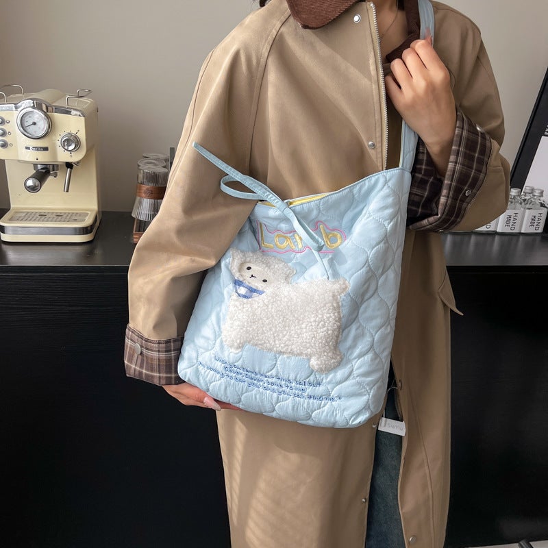 2024 Cute Cartoon Embroidery Pattern Contrast Shoulder Bag Korean Style Large Capacity Tote Bag Student Class Bag - Image 3