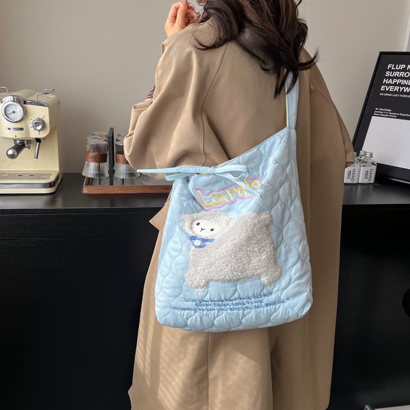 2024 Cute Cartoon Embroidery Pattern Contrast Shoulder Bag Korean Style Large Capacity Tote Bag Student Class Bag - Image 4
