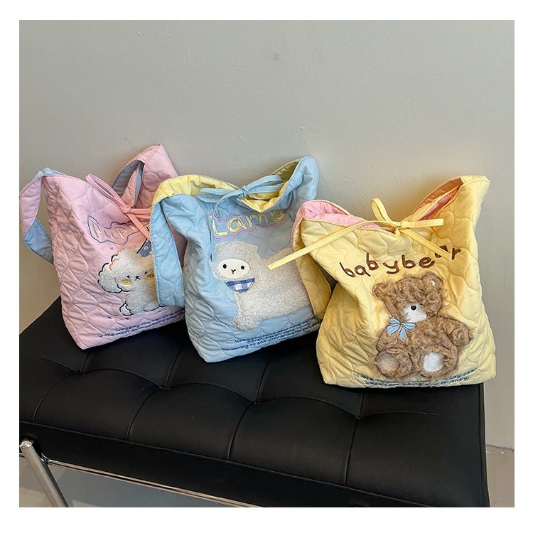 2024 Cute Cartoon Embroidery Pattern Contrast Shoulder Bag Korean Style Large Capacity Tote Bag Student Class Bag - Image 5