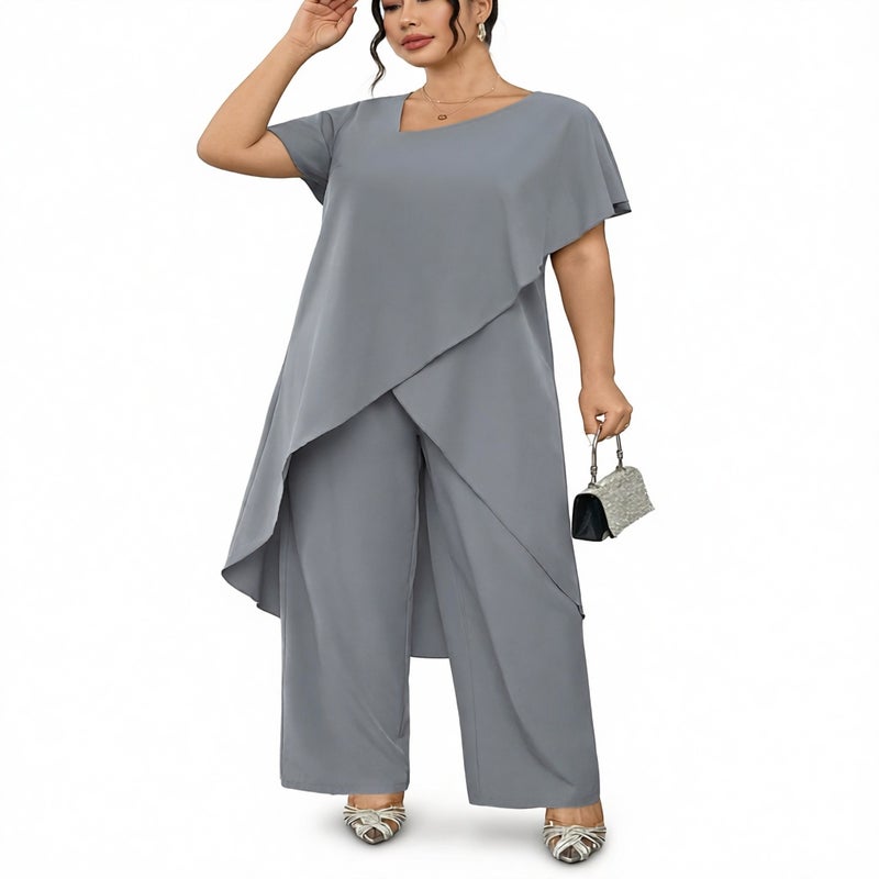 Women Plus Size Two Piece Set Printed Asymmetric Top Wide Leg Pants Summer Outfit - Image 2