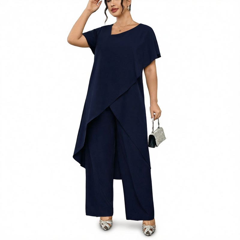 Women Plus Size Two Piece Set Printed Asymmetric Top Wide Leg Pants Summer Outfit - Image 3