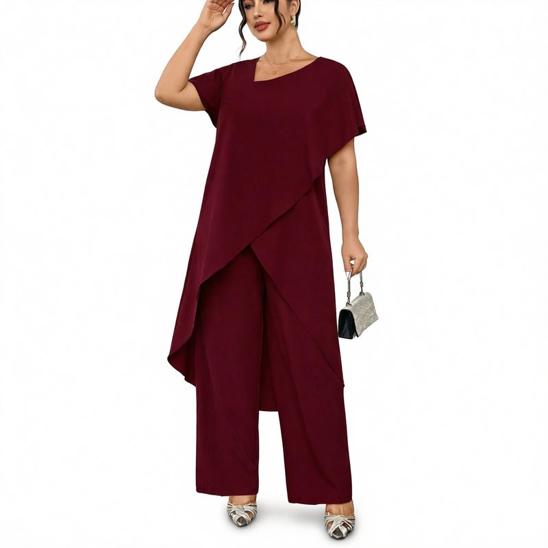 Women Plus Size Two Piece Set Printed Asymmetric Top Wide Leg Pants Summer Outfit - Image 4