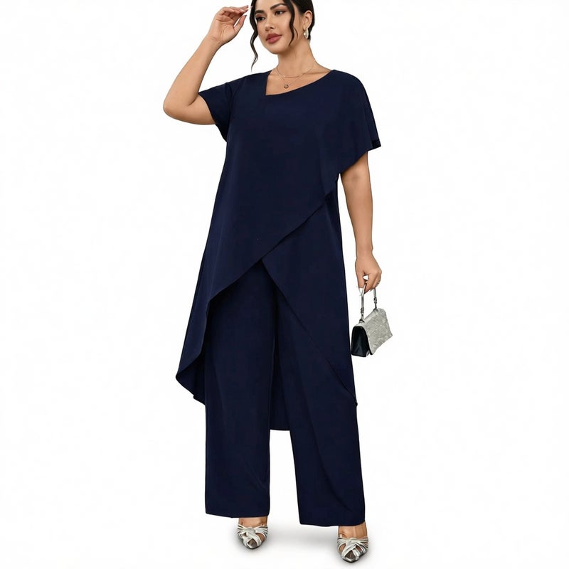 Women Plus Size Two Piece Set Printed Asymmetric Top Wide Leg Pants Summer Outfit - Image 1