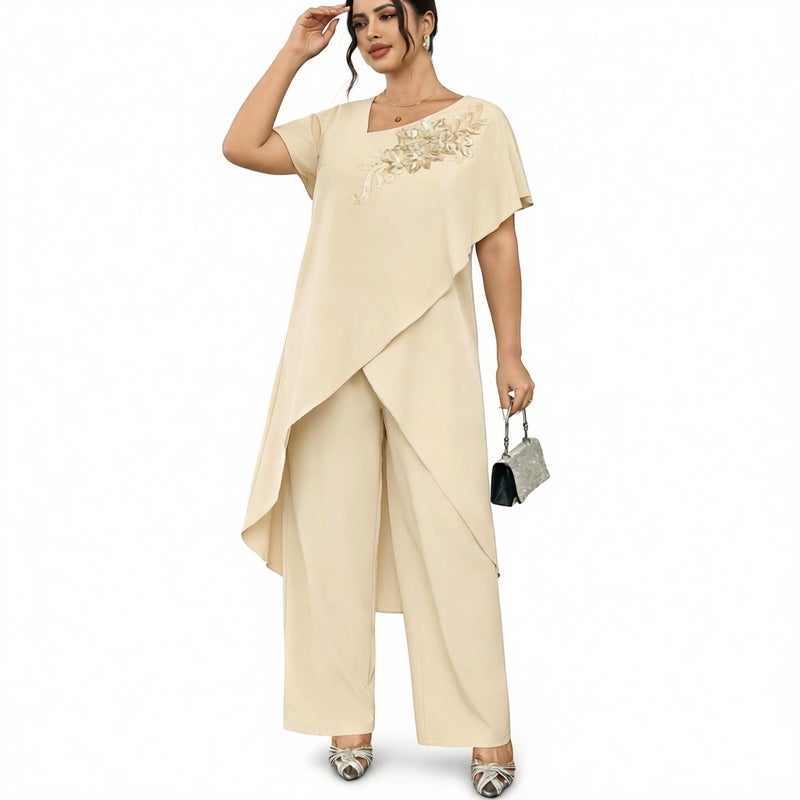 Women Plus Size Two Piece Set Printed Asymmetric Top Wide Leg Pants Summer Outfit - Image 5