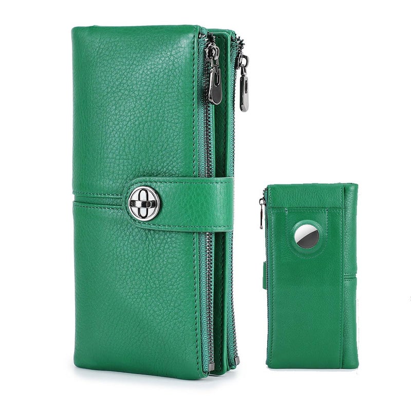 CONTACTS Full Grain Leather Turnlock Wallet for Women Double Zipper Clutch Purse Compatible with AirTag Phone Organizer Rfid Wallet with 18 Card Slots Green - Image 2