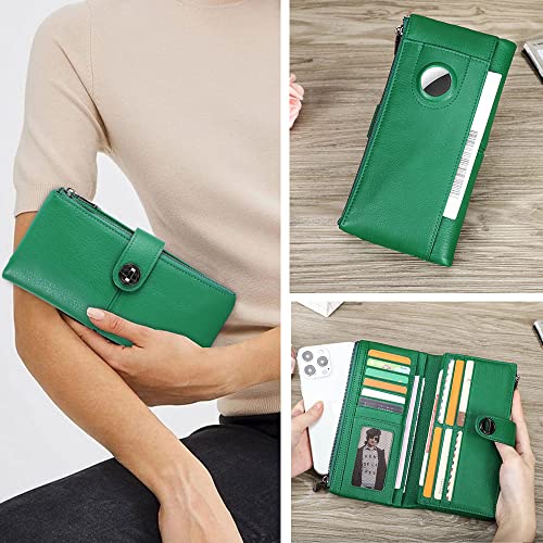 CONTACTS Full Grain Leather Turnlock Wallet for Women Double Zipper Clutch Purse Compatible with AirTag Phone Organizer Rfid Wallet with 18 Card Slots Green - Image 3