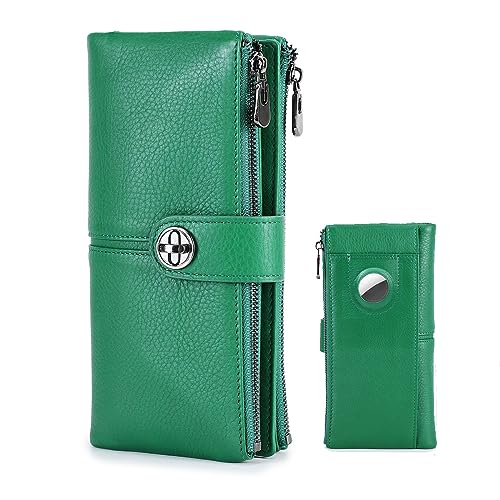 CONTACTS Full Grain Leather Turnlock Wallet for Women Double Zipper Clutch Purse Compatible with AirTag Phone Organizer Rfid Wallet with 18 Card Slots Green - Image 1