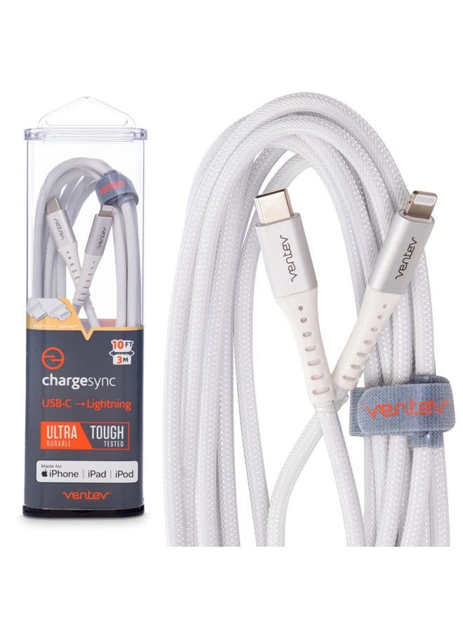 Ventev Alloy 10 Ft iPhone Cable | Fast Charging USB-C to Lightning Cable | Extra Long MFi Certified Apple Charging Cord | Lasts Up to 100x Longer Than Most Cables for iPhone, White - Image 1