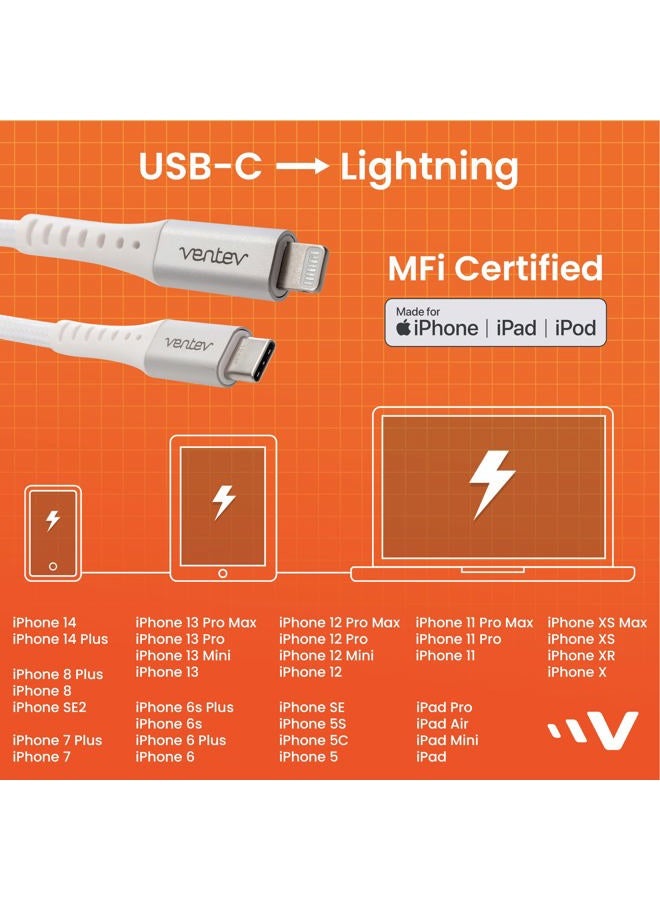 Ventev Alloy 10 Ft iPhone Cable | Fast Charging USB-C to Lightning Cable | Extra Long MFi Certified Apple Charging Cord | Lasts Up to 100x Longer Than Most Cables for iPhone, White - Image 4