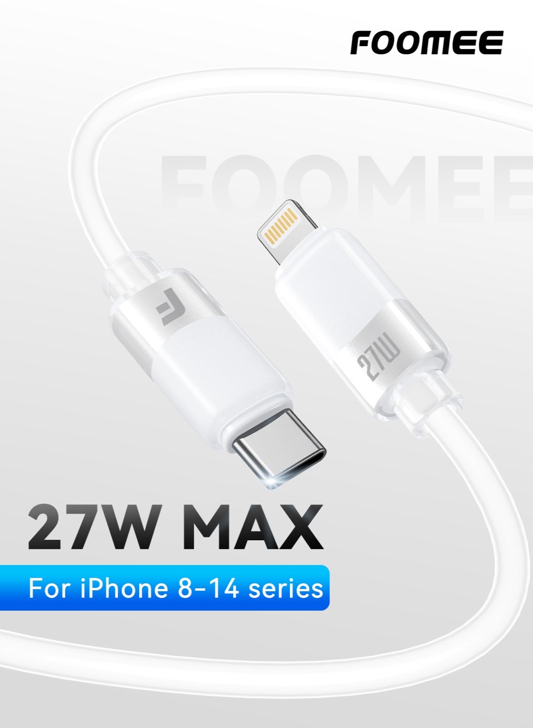 FOOMEE 27W USB C to Lightning Data Cable, Soft Skin-friendly Silicone Material, 27W Max Output,Data Transfer Speed 480Mbps, Compatible for iPhone 14Pro Max 13 12 11 Airpods iPad series, Fast Charging, Bettery Protection, 1.2M