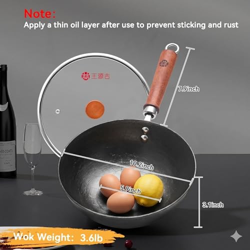 WANGYUANJI Cast Iron Wok Pan with Lid, 10.2 Inch Small Flat Bottom Stir Fry Skillet, Uncoated Traditional Chinese Iron Pot for 1-2 People, Compatible with Induction & Gas Stoves - Image 2