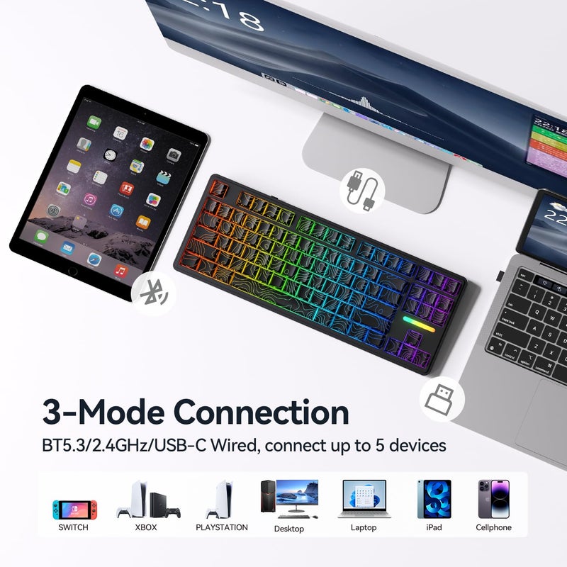 AUSDOM Wireless Mechanical Gaming Keyboard: 10000mAh Battery Tri-Mode 2.4G/BT5.3/USB-C Hot Swappable Custom Keyboard with RGB Backlit, Side Printed PBT Keycaps, 15-Layer Gasket Structure, Topographic - Image 3