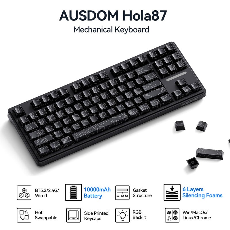 AUSDOM Wireless Mechanical Gaming Keyboard: 10000mAh Battery Tri-Mode 2.4G/BT5.3/USB-C Hot Swappable Custom Keyboard with RGB Backlit, Side Printed PBT Keycaps, 15-Layer Gasket Structure, Topographic - Image 2