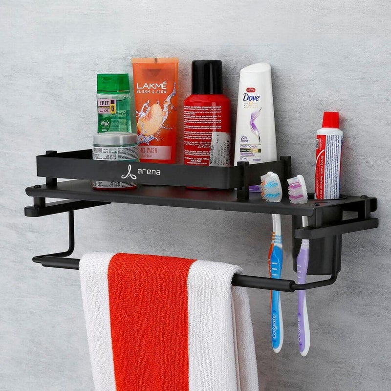 Arena Stainless Steel 3 in 1 Bathroom Shelf Shelves Tumbler Holder | Towel Bar and Toothpaste Stand and Napkin Hanger Bathroom Accessories for Home Black - (15 * 5 Inch - Pack of 1) - Image 2