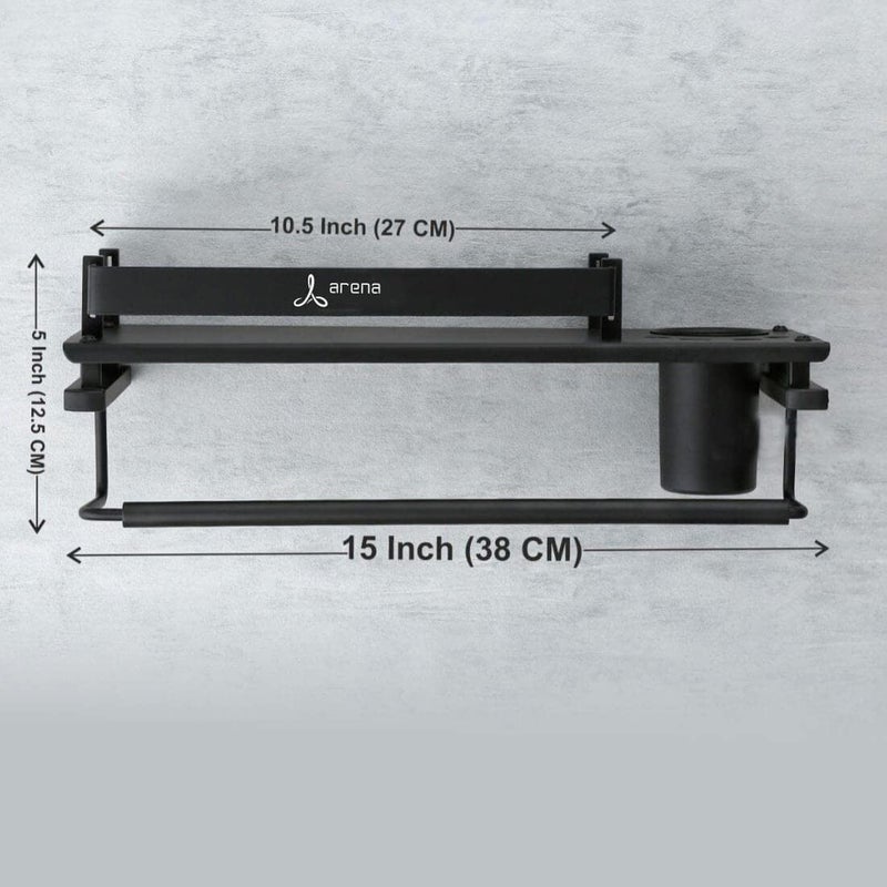 Arena Stainless Steel 3 in 1 Bathroom Shelf Shelves Tumbler Holder | Towel Bar and Toothpaste Stand and Napkin Hanger Bathroom Accessories for Home Black - (15 * 5 Inch - Pack of 1) - Image 3