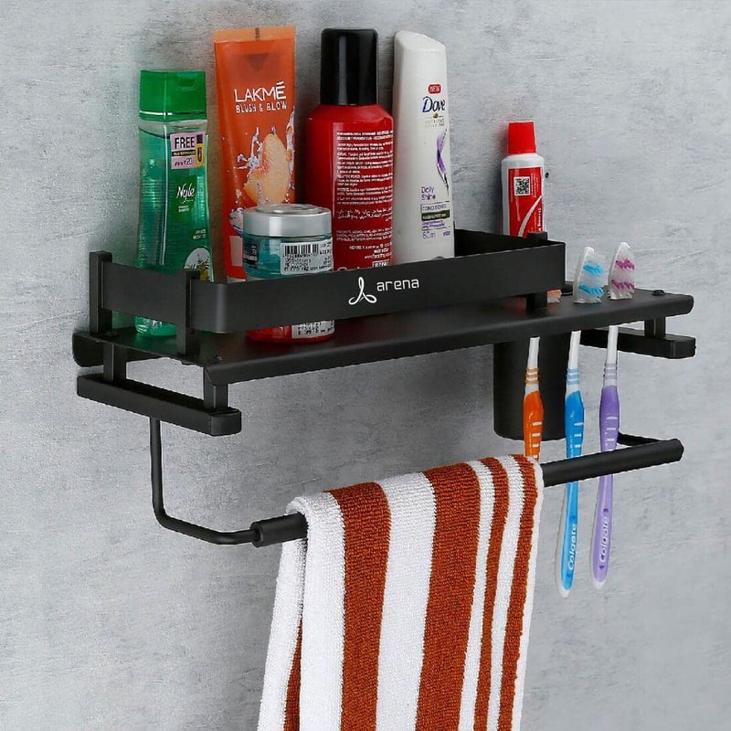 Arena Stainless Steel 3 in 1 Bathroom Shelf Shelves Tumbler Holder | Towel Bar and Toothpaste Stand and Napkin Hanger Bathroom Accessories for Home Black - (15 * 5 Inch - Pack of 1) - Image 1