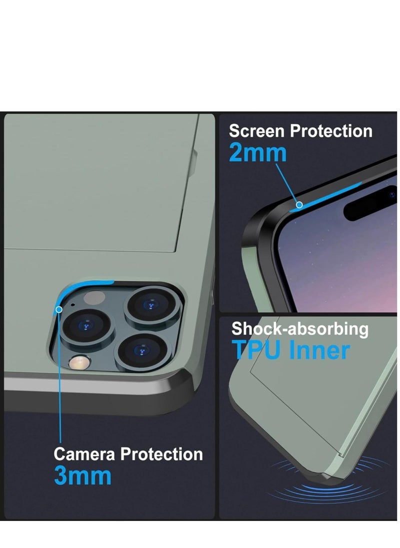 GULFLINK iPhone 15 Pro Case with Card Holder Heavy Duty Protective Dual Layer Shockproof Hidden Card Slot Wallet Case Green  - Image 3