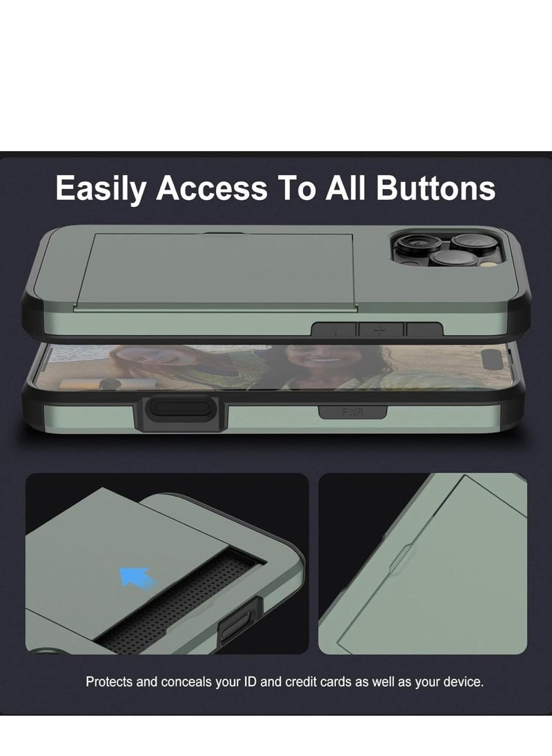 GULFLINK iPhone 15 Pro Case with Card Holder Heavy Duty Protective Dual Layer Shockproof Hidden Card Slot Wallet Case Green  - Image 4