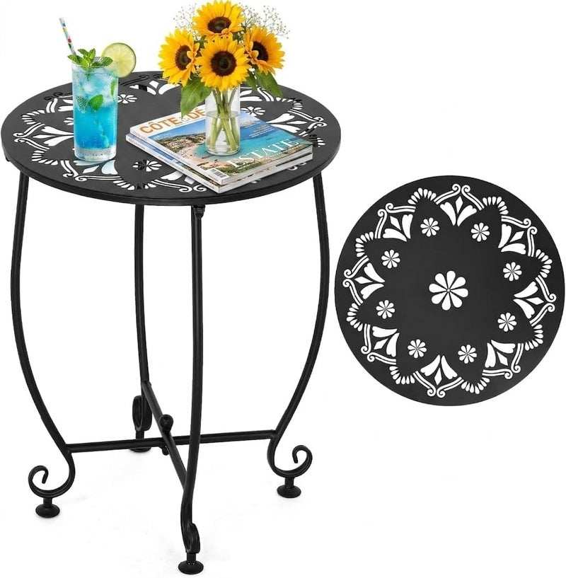 DARCKLE Outdoor Side Tables for Patio, Weather Resistant Steel Patio Side Table, Small Round Outdoor End Table Metal Side Table for Patio Yard Balcony Garden Black (Color3-Flowers) - Image 1