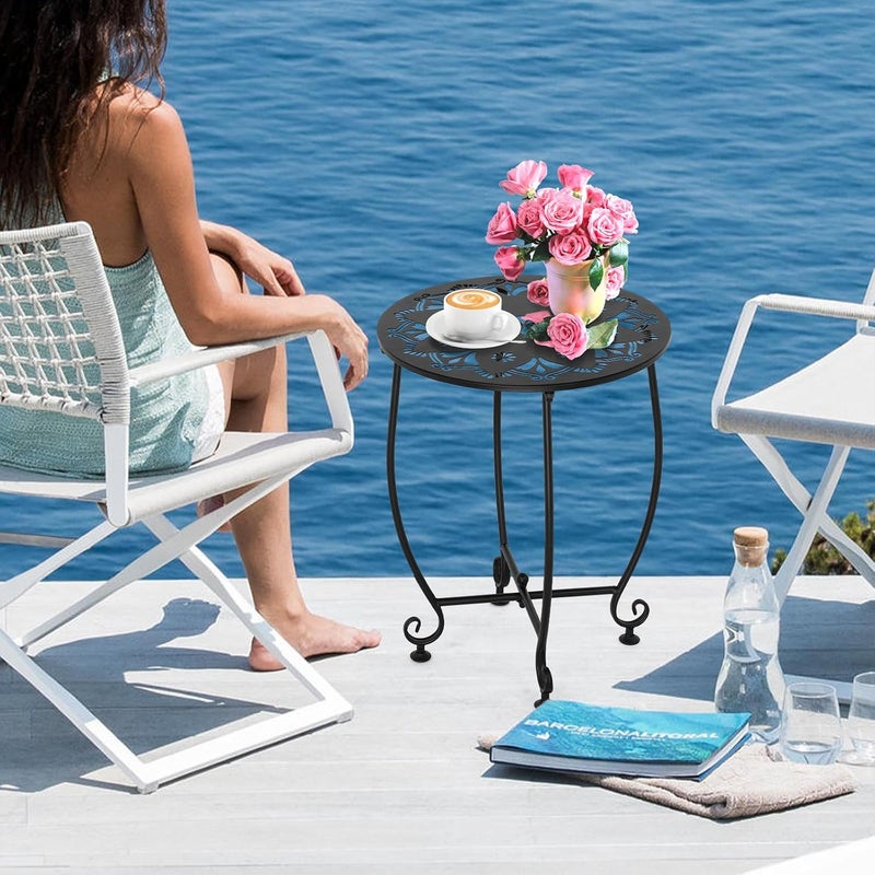 DARCKLE Outdoor Side Tables for Patio, Weather Resistant Steel Patio Side Table, Small Round Outdoor End Table Metal Side Table for Patio Yard Balcony Garden Black (Color3-Flowers) - Image 2