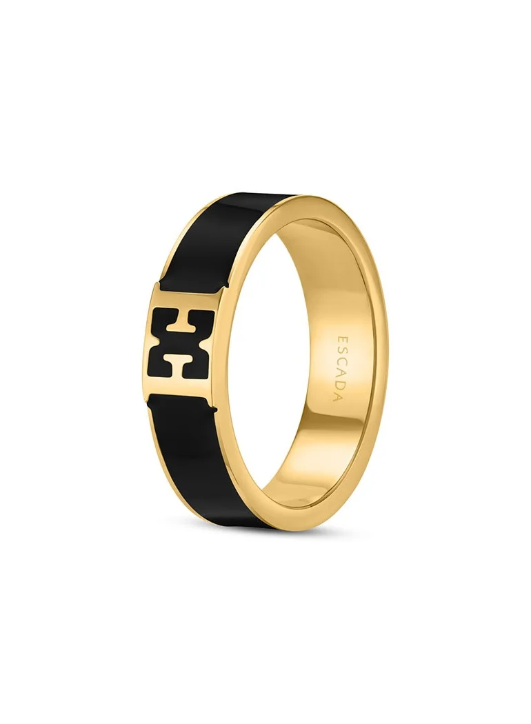 ESCADA Scarlett Gold Plated Ring with Logo Cutout and Black Enamel Accent