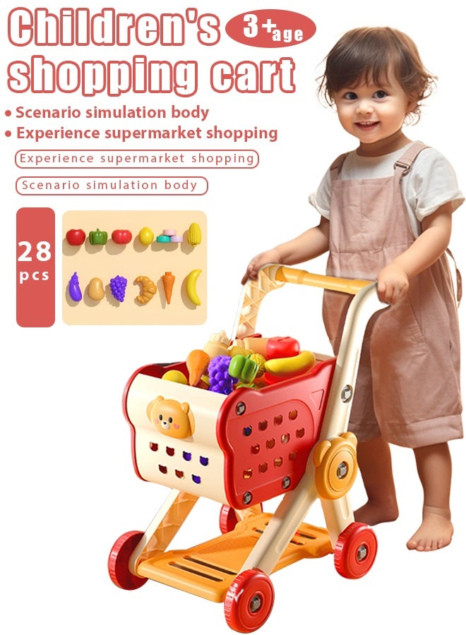 عربة تسوق للأطفال، مجموعة ألعاب مطبخ للأطفال - 28 قطعة من ألعاب المطبخ المتينة للعب التظاهري للأطفال الصغار، ألعاب مطبخ منزلية للأطفال، مع صندوق فواكه وخضروات ووجبات خفيفة، لعبة عربة التسوق للبنات والأولاد من سن 3 و4 و5 و6 و7 و8 سنوات - Image 1