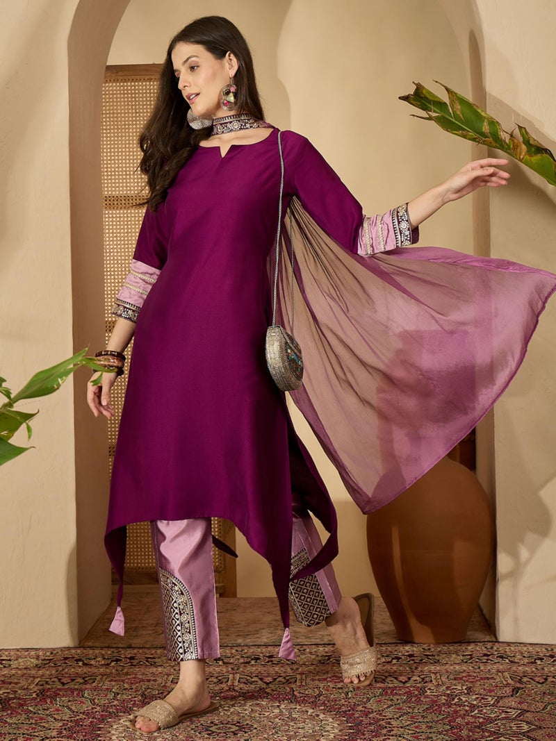 EthnicJunction Women's Cotton Silk Embroidered Asymmetric Kurta Pant with Choker Dupatta Set Wine - Image 3