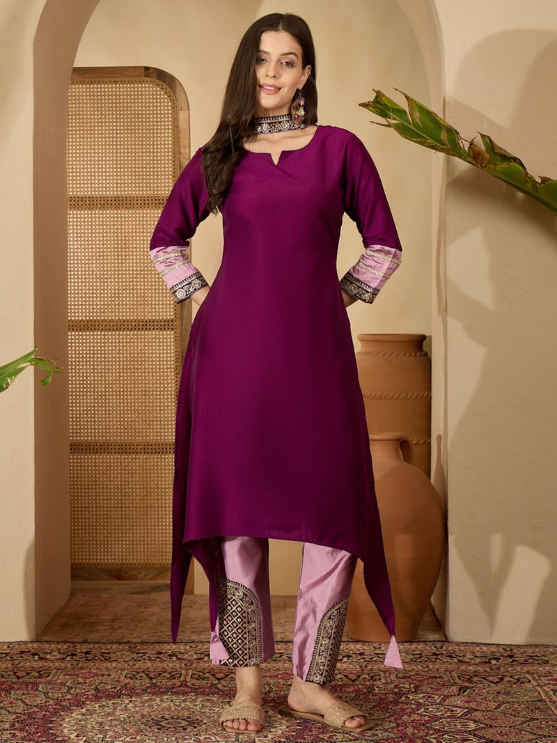 EthnicJunction Women's Cotton Silk Embroidered Asymmetric Kurta Pant with Choker Dupatta Set Wine - Image 4