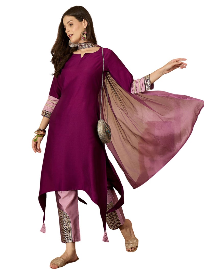 EthnicJunction Women's Cotton Silk Embroidered Asymmetric Kurta Pant with Choker Dupatta Set Wine - Image 1