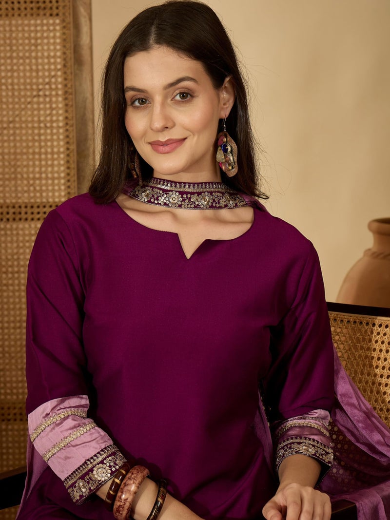 EthnicJunction Women's Cotton Silk Embroidered Asymmetric Kurta Pant with Choker Dupatta Set Wine - Image 5