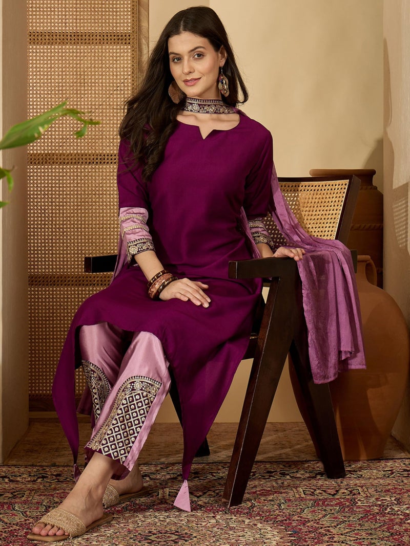 EthnicJunction Women's Cotton Silk Embroidered Asymmetric Kurta Pant with Choker Dupatta Set Wine - Image 2