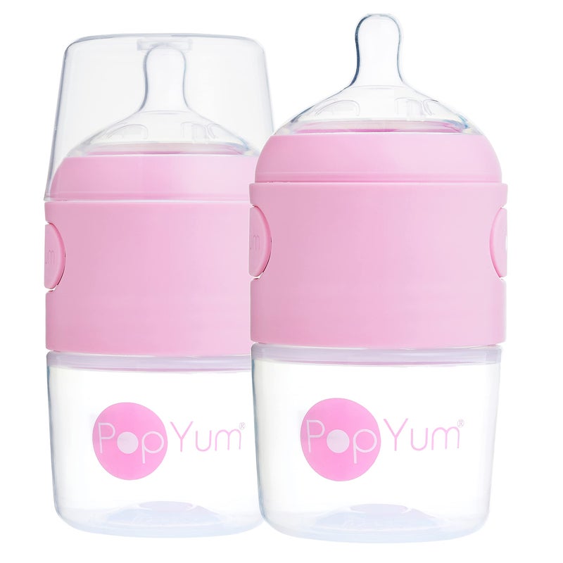 PopYum 5 oz Pink Anti-Colic Formula Making/Mixing/Dispenser Baby Bottles, 2-Pack with #1 Slow Flow Nipples, 150 ml, BPA-Free, Natural Latch - Image 1