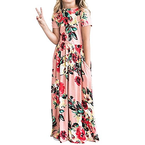 YIJODM Girls Pink Floral Maxi Dress, Short Sleeves, High Waist, Pocket, Size 11-12 Years, Spring, Fall - Image 5