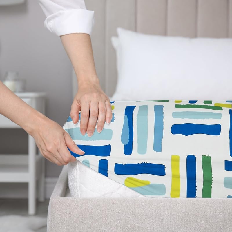 BSB HOME Premium Cotton 220tc Fitted Bedsheets with 2 Pillow Covers | King Size Bed with All Around Elastic 220 TC Supersoft Printed Pattren Breathable |Size-78 x72+10 inches |Blue White & Green - Image 3