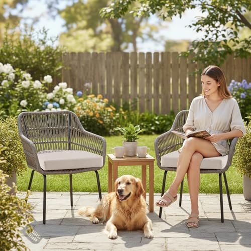 Topotdor Outdoor Chair Cushions Set of 2, Waterproof Patio Chair Cushions for Outdoor Furniture, Round Corner Seat Chair Pads with Ties for Patio Garden Dining Office, 17"x16"x2", Beige - Image 2