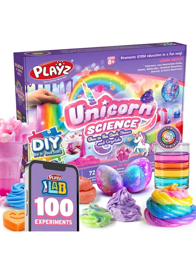 Playz Unicorn Slime & Crystals 100+ Science Experiments Kit Gift For Girls & Boys To Make Glow In The Dark Unicorn Poop, Snot, Fluffy Slime, Crystals, Putty, Arts & Crafts For Kids Age 8-12  - Image 1