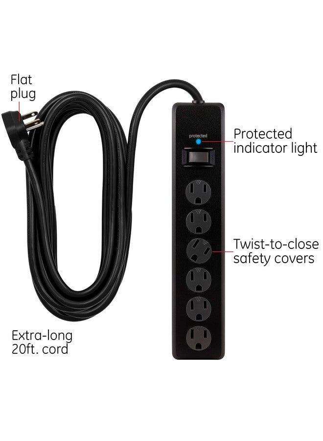 GE 6-Outlet Surge Protector, 20 Ft Extension Cord, Power Strip, 800 Joules, Flat Plug, Twist-to-Close Safety Covers, Protected Indicator Light, UL Listed, Black, 50769 - Image 1