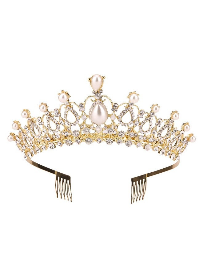 Sppry Women Tiara With Comb Pearl Crystal Crown For Bridal Queen Princess Girls At Wedding Birthday Pageant (Gold) - Image 1