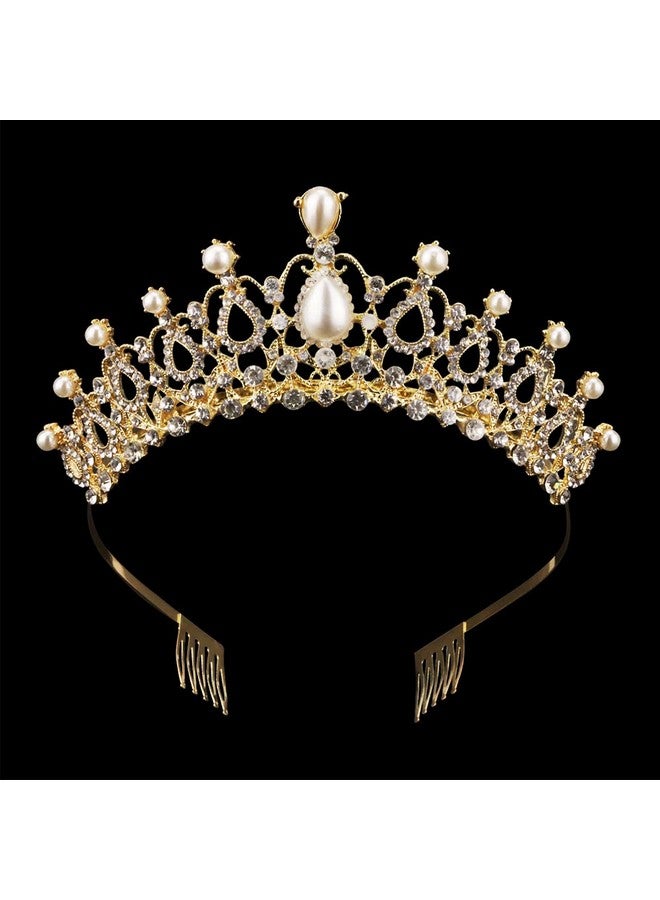 Sppry Women Tiara With Comb Pearl Crystal Crown For Bridal Queen Princess Girls At Wedding Birthday Pageant (Gold) - Image 3